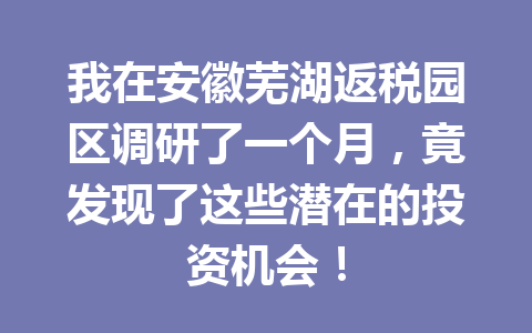 我在安徽芜湖返税园区调研了一个月，竟发现了这些潜在的投资机会！