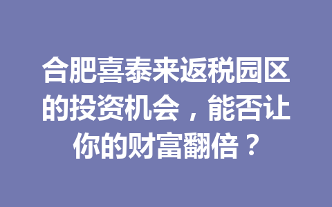 合肥喜泰来返税园区的投资机会，能否让你的财富翻倍？