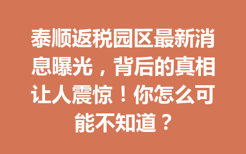 泰顺返税园区最新消息曝光，背后的真相让人震惊！你怎么可能不知道？