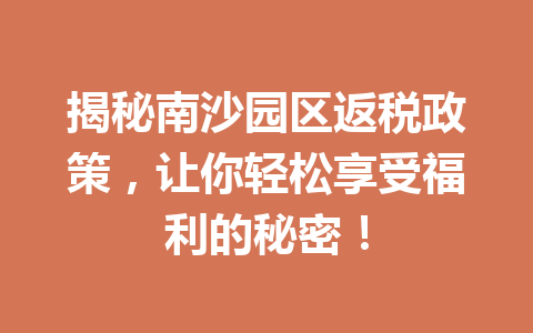 揭秘南沙园区返税政策，让你轻松享受福利的秘密！