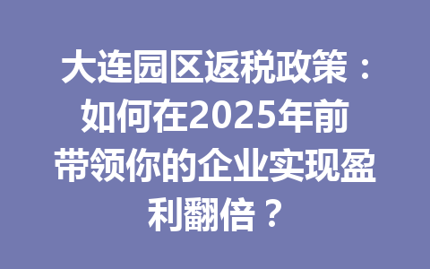 大连园区返税政策：如何在2025年前带领你的企业实现盈利翻倍？