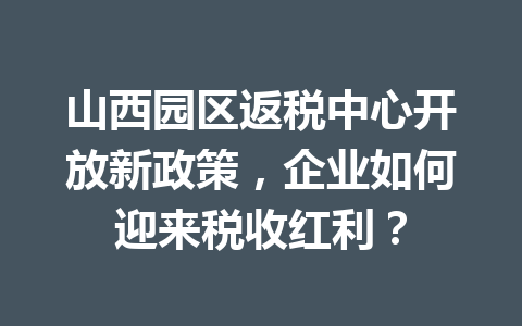 山西园区返税中心开放新政策，企业如何迎来税收红利？