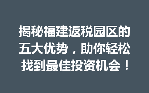 揭秘福建返税园区的五大优势，助你轻松找到最佳投资机会！